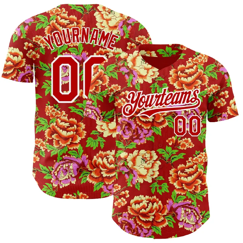 Personalized Baseball Jerseys For Fans-Custom Red White 3D Pattern Design Northeast China Big Flower Authentic Baseball Jersey