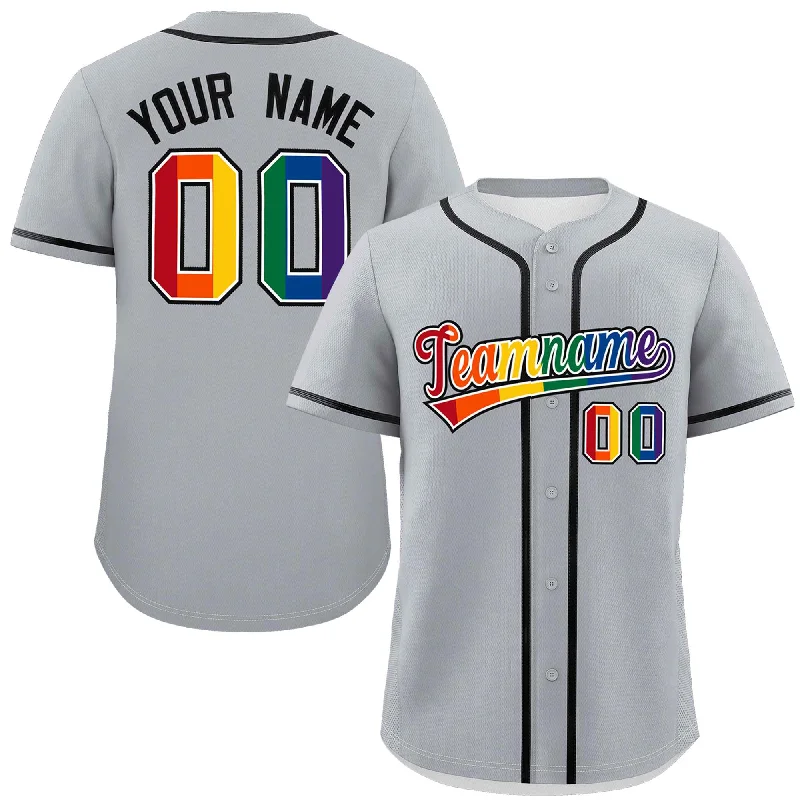 Baseball Jerseys For Fan Engagement-Custom Light Gray LGBT Rainbow For Pride Month Classic Style Authentic Baseball Jersey