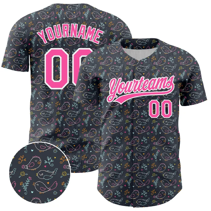 Baseball Jerseys With Bold Custom Logos-Custom Navy Pink-White 3D Pattern Design Animal Bird Authentic Baseball Jersey