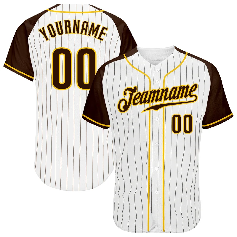 Personalized Baseball Jerseys For Small Teams-Custom White Brown Pinstripe Brown-Gold Authentic Raglan Sleeves Baseball Jersey