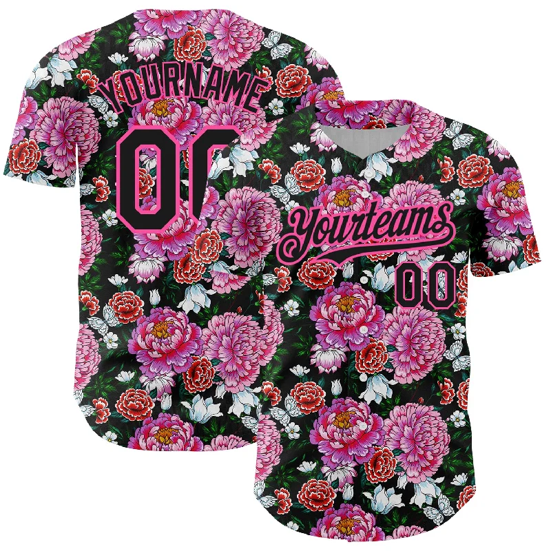 Custom Baseball Jerseys For School Teams & Spirit-Custom Pink Black 3D Pattern Design Northeast China Big Flower Authentic Baseball Jersey