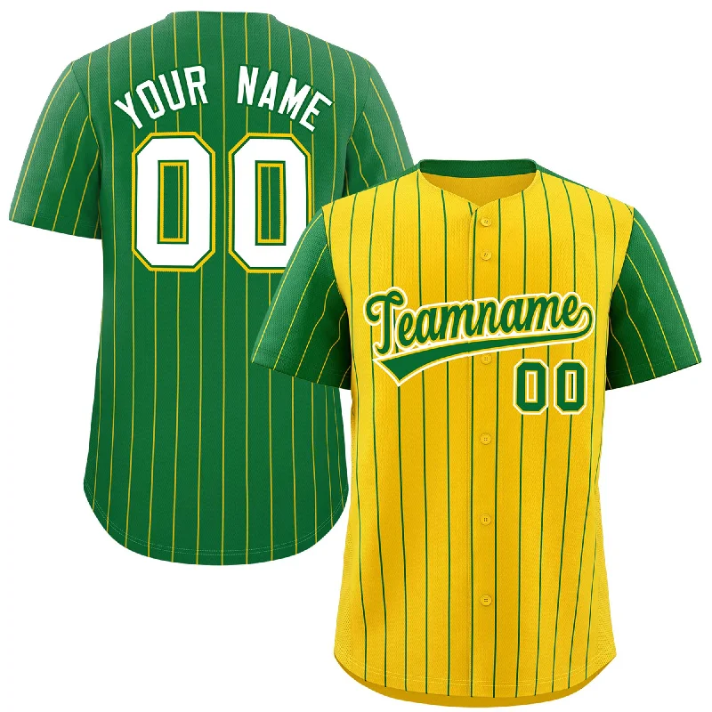 Custom Baseball Jerseys With Unique Designs-Custom Gold Kelly Green Pinstripe Personalized Raglan Sleeves Authentic Baseball Jersey