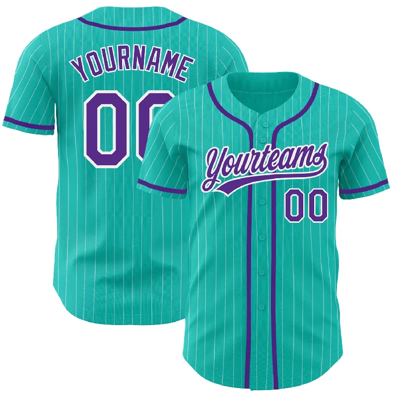 Personalized Baseball Jerseys For Tournaments-Custom Aqua White Pinstripe Purple Authentic Baseball Jersey