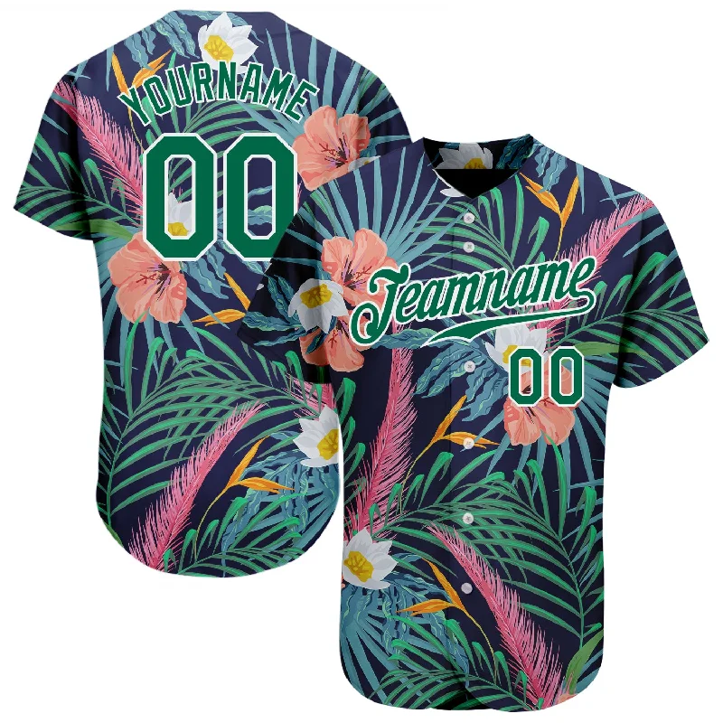 Baseball Jerseys For Supporters & Charity Campaigns-Custom Black Kelly Green-White 3D Pattern Design Hawaii Palm Leaves And Flowers Authentic Baseball Jersey