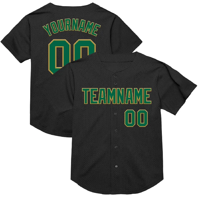 Custom Baseball Jerseys For School Competitions-Custom Black Kelly Green-Old Gold Mesh Authentic Throwback Baseball Jersey