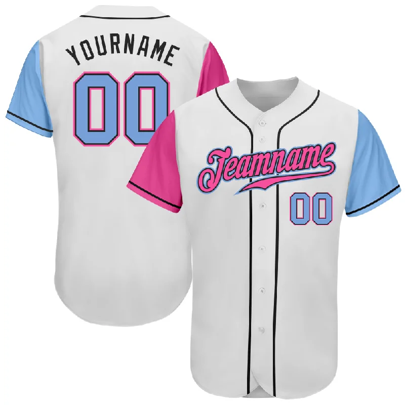 Custom Baseball Jerseys With Color Blocking-Custom White Light Blue Pink-Black Authentic Two Tone Baseball Jersey