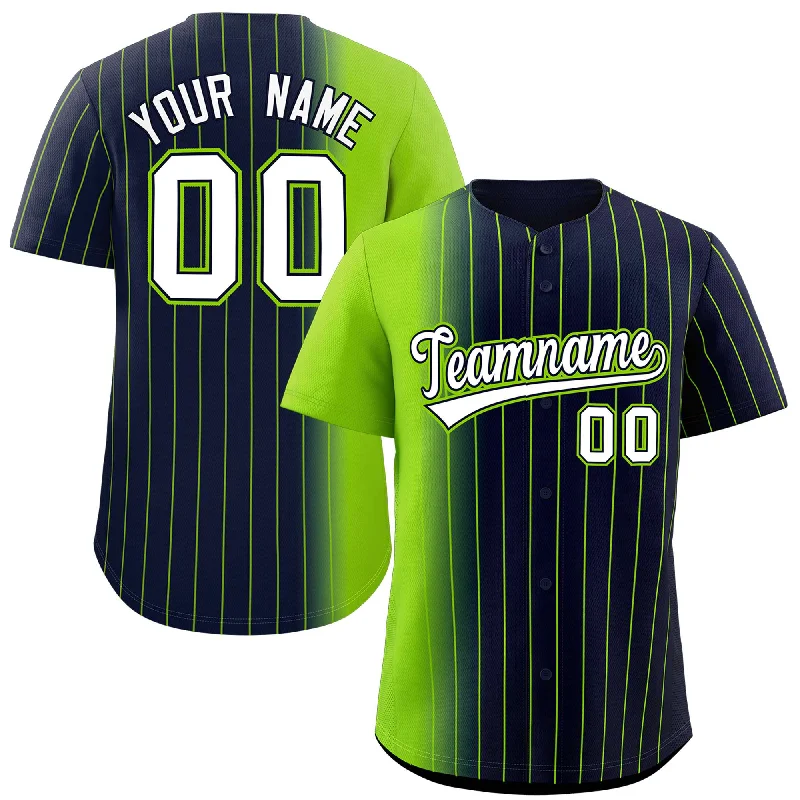 Personalized Baseball Jerseys For Fans & Players-Custom Navy Neon Green Pinstripe Personalized Gradient Authentic Baseball Jersey