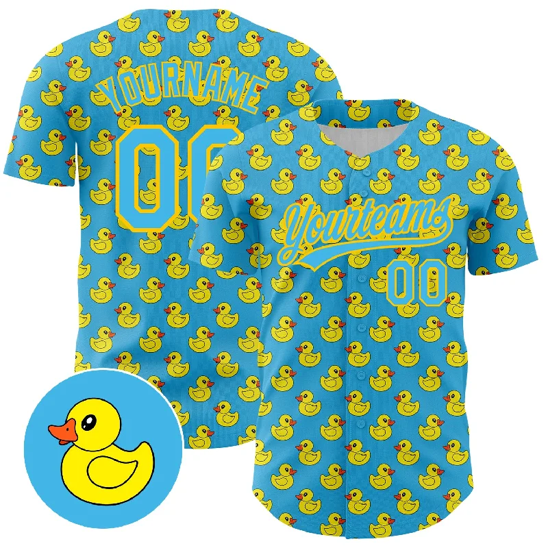 Custom Baseball Jerseys For Charitable Organizations-Custom Sky Blue Yellow 3D Pattern Design Animal Duck Authentic Baseball Jersey