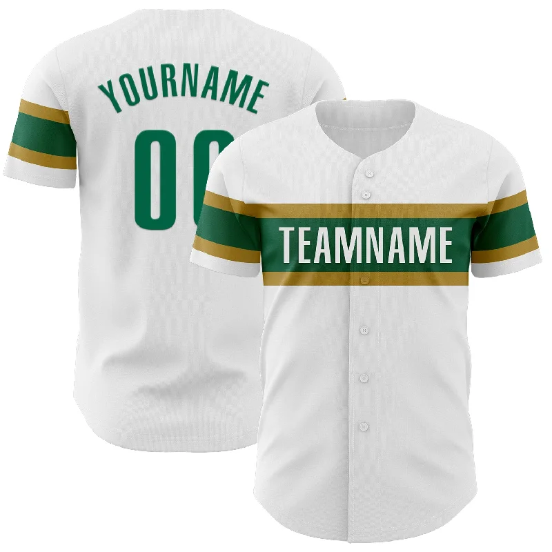 Baseball Jerseys With Custom Neck & Sleeve Designs-Custom White Kelly Green-Old Gold Authentic Baseball Jersey