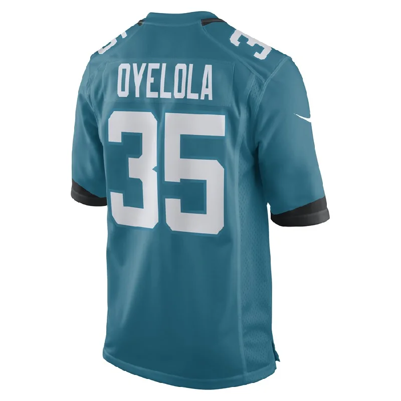 Rugby Jerseys With Personalized Player Names & Stats-J.Jaguars #35 Ayo Oyelola Teal Game Player Jersey Stitched American Football Jerseys