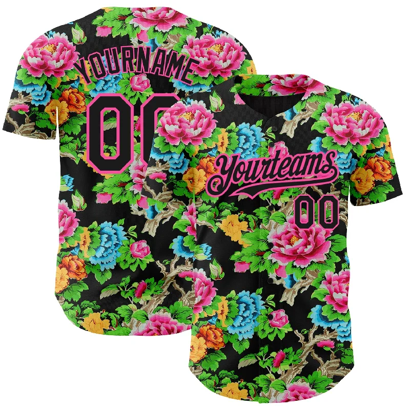 Custom Baseball Jerseys For Sports Leagues-Custom Black Pink 3D Pattern Design Northeast China Big Flower Authentic Baseball Jersey