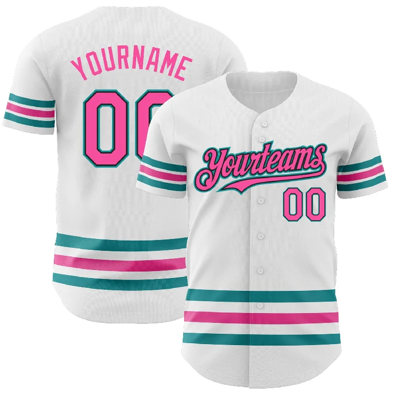 Baseball Jerseys For School Spirit Events-Custom White Pink Black-Teal Line Authentic Baseball Jersey