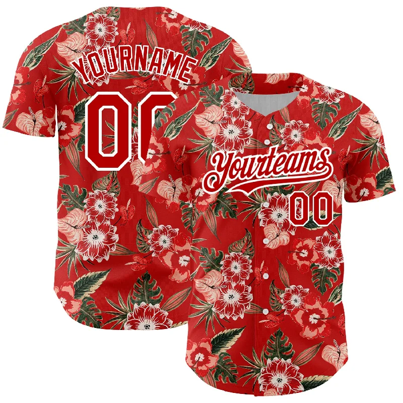 Baseball Jerseys With Custom Fit & Sizes-Custom Red White 3D Pattern Design Northeast China Big Flower Authentic Baseball Jersey