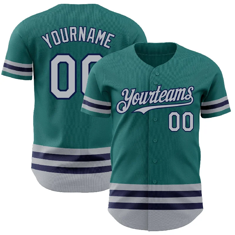 Baseball Jerseys With Player Stats & Custom Designs-Custom Teal Gray-Navy Line Authentic Baseball Jersey