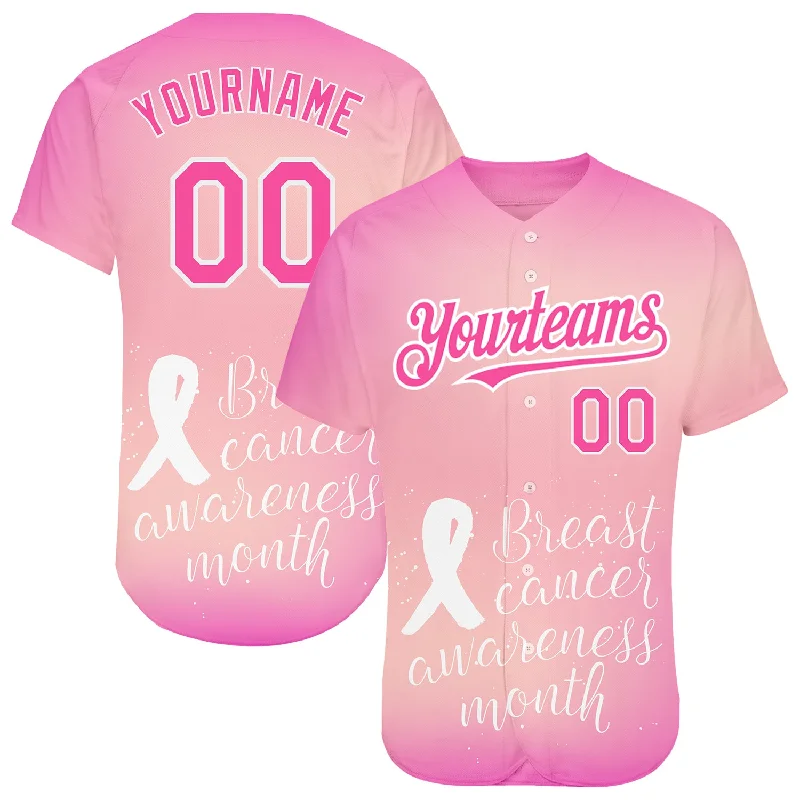 Custom Baseball Jerseys For Team Building-Custom Pink White 3D Pink Ribbon Breast Cancer Awareness Month Women Health Care Support Authentic Baseball Jersey