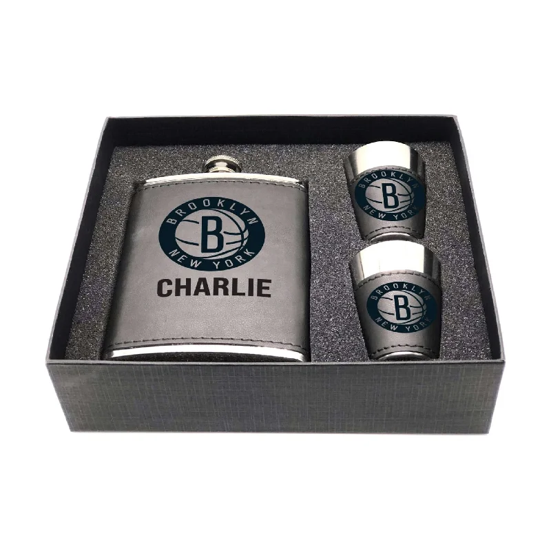 Personalized Team Mugs For Fundraisers-Brooklyn Nets Personalized Shot and Flask Set