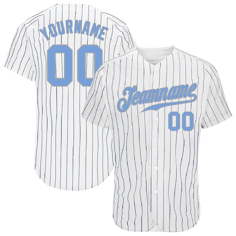 Custom Baseball Jerseys For Special Sponsors-Custom White Navy Pinstripe Light Blue-Gray Authentic Baseball Jersey