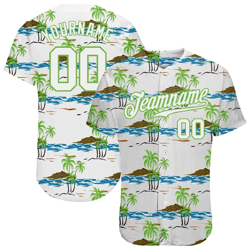 Baseball Jerseys With Custom Sleeve Designs-Custom White White-Neon Green 3D Pattern Design Beaches Authentic Baseball Jersey