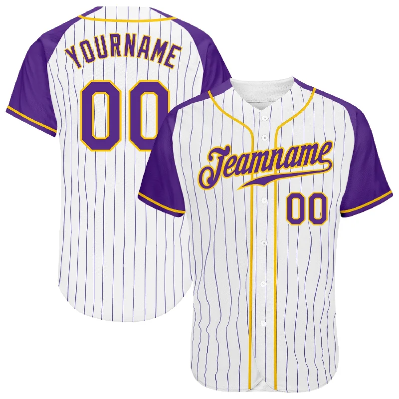 Custom Baseball Jerseys For Tournament Prizes-Custom White Purple Pinstripe Purple-Gold Authentic Raglan Sleeves Baseball Jersey