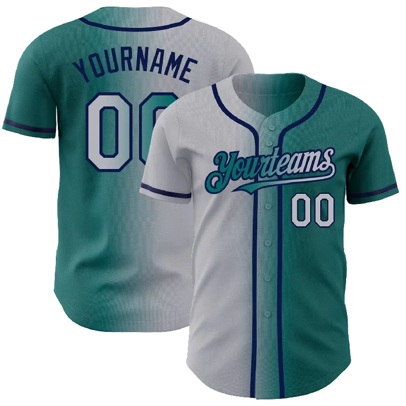 Personalized Baseball Jerseys With Embroidered Names-Custom Teal Gray-Navy Authentic Gradient Fashion Baseball Jersey