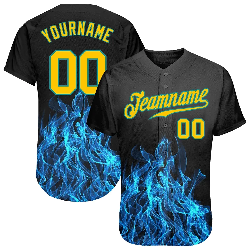 Baseball Jerseys With Player Names & Team Numbers-Custom Black Gold-Teal 3D Pattern Design Flame Authentic Baseball Jersey