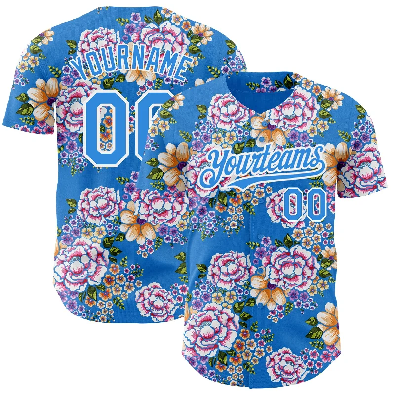 Personalized Baseball Jerseys For Local Community Events-Custom Electric Blue White 3D Pattern Design Northeast China Big Flower Authentic Baseball Jersey