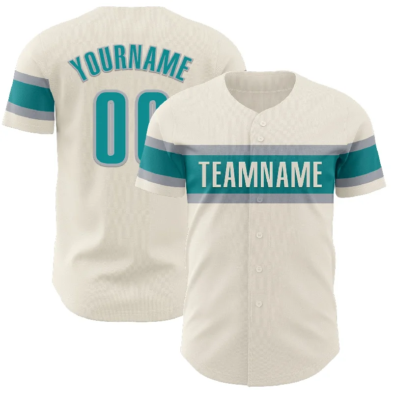 Personalized Baseball Jerseys With Team Logos-Custom Cream Teal-Gray Authentic Baseball Jersey