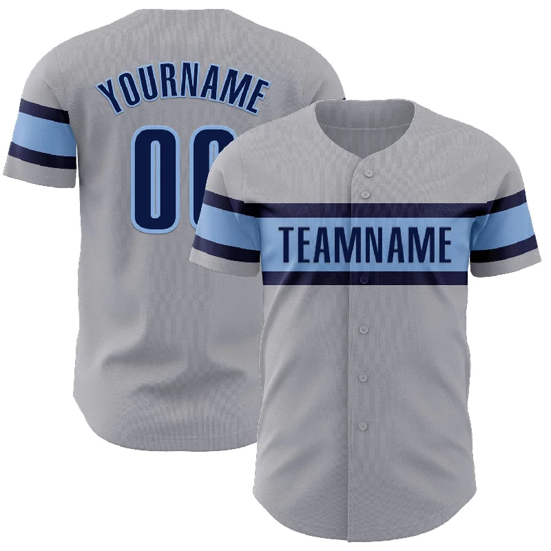 Custom Baseball Jerseys For Holiday Giveaways-Custom Gray Navy-Light Blue Authentic Baseball Jersey