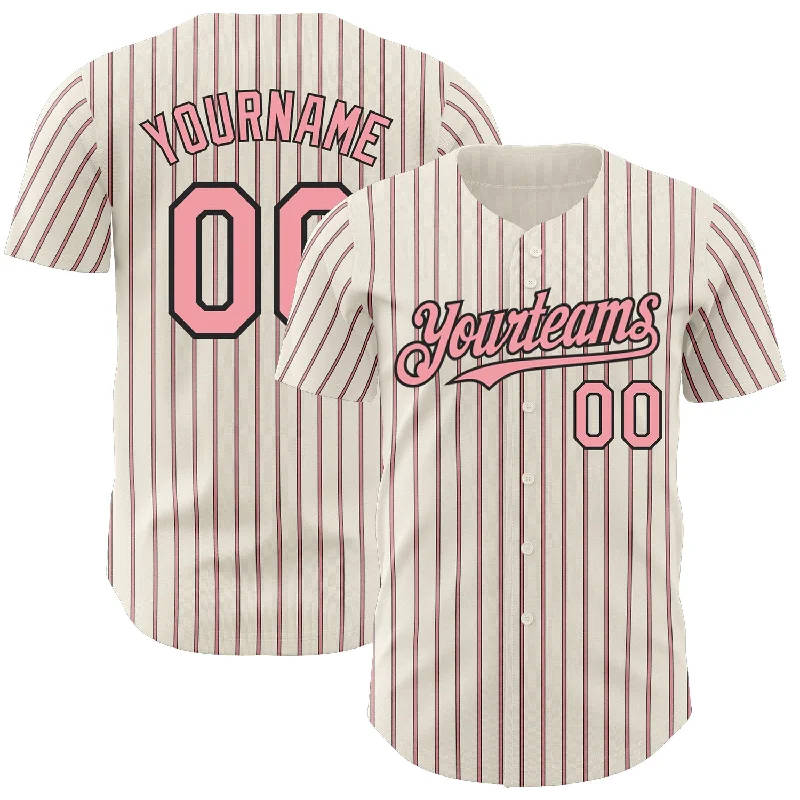 Custom Baseball Jerseys For Regional Tournaments-Custom Cream (Black Medium Pink Pinstripe) Medium Pink-Black Authentic Baseball Jersey