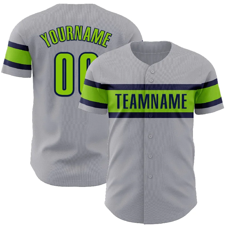 Baseball Jerseys With Custom Back Text-Custom Gray Neon Green-Navy Authentic Baseball Jersey