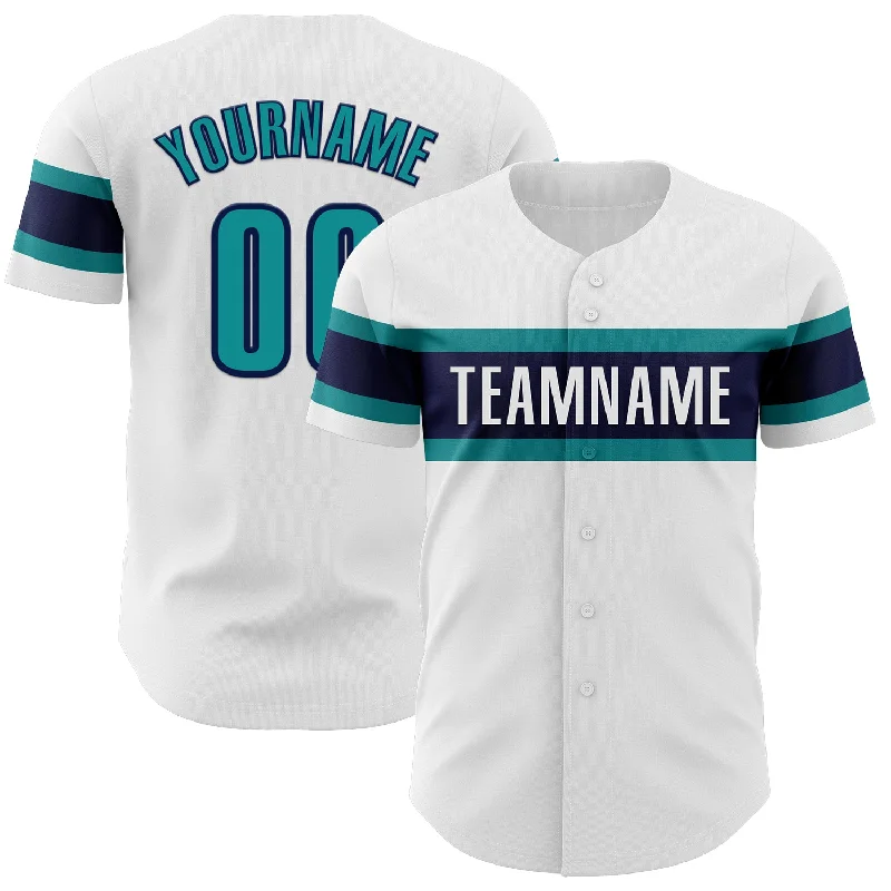 Custom Baseball Jerseys For Professional Leagues-Custom White Teal-Navy Authentic Baseball Jersey