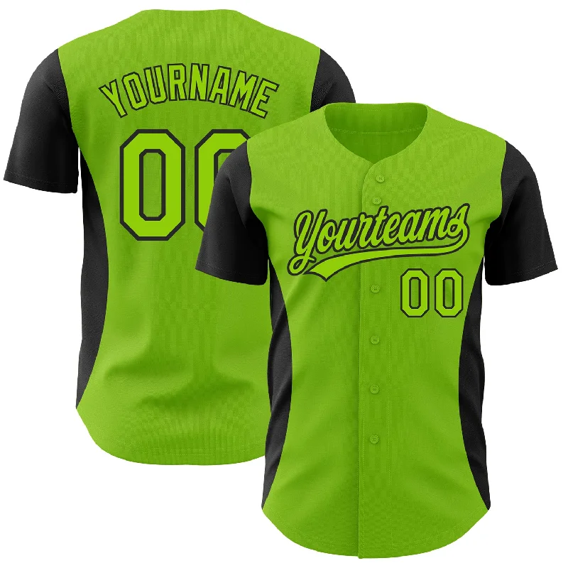 Baseball Jerseys For School Competitions-Custom Neon Green Black 3D Pattern Design Side Stripes Authentic Baseball Jersey