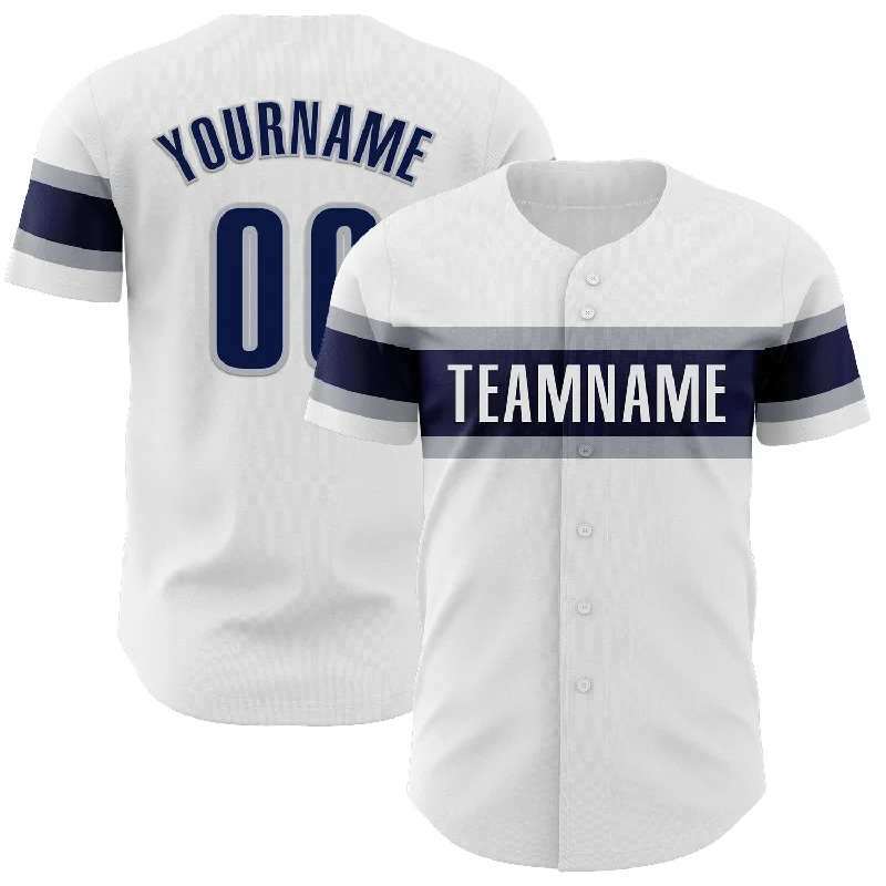 Baseball Jerseys With Personalized Numbers & Logos-Custom White Navy-Gray Authentic Baseball Jersey