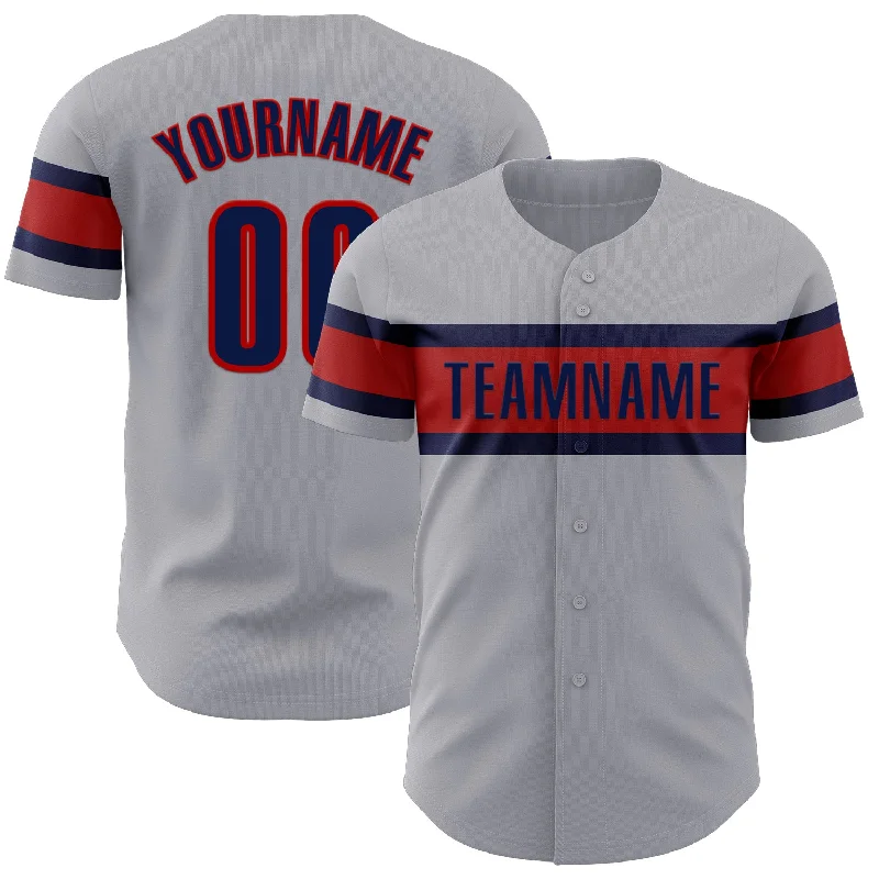 Custom Baseball Jerseys With Premium Quality Fabric-Custom Gray Navy-Red Authentic Baseball Jersey