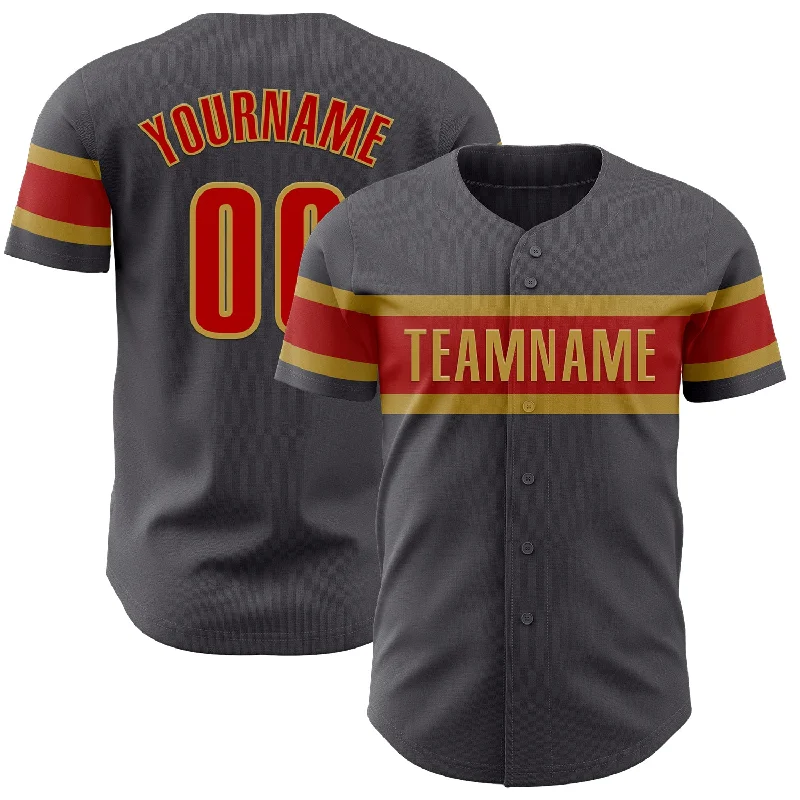 Baseball Jerseys With Custom Text & Team Emblems-Custom Steel Gray Red-Old Gold Authentic Baseball Jersey