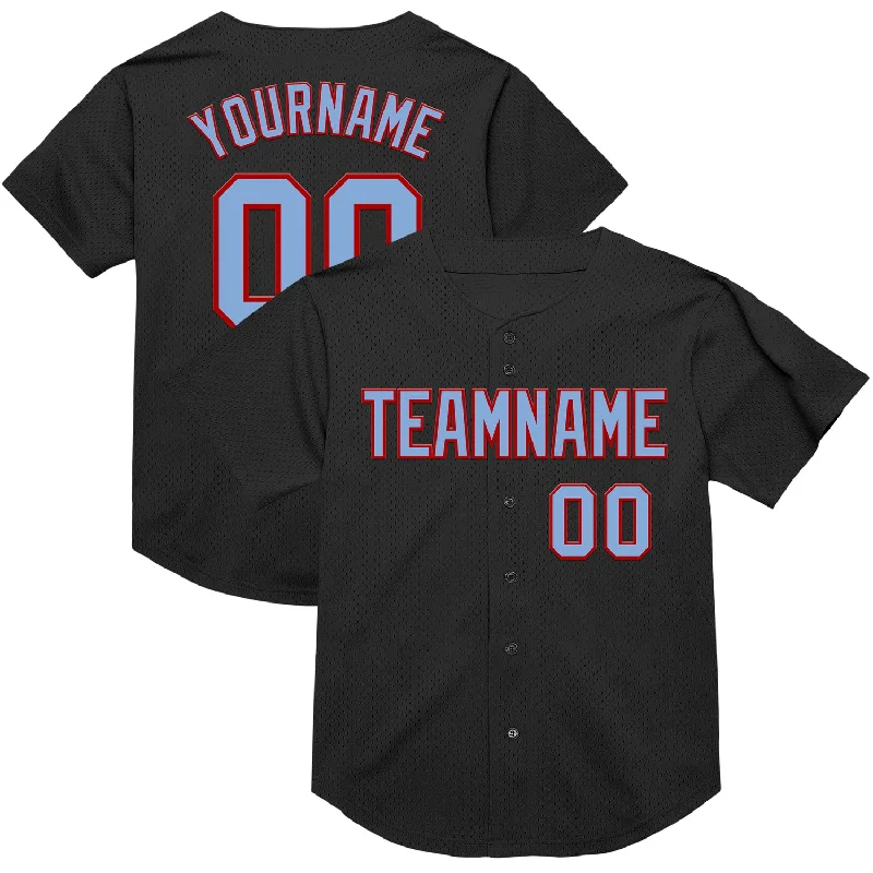 Custom Baseball Jerseys For Player Recognition-Custom Black Light Blue-Red Mesh Authentic Throwback Baseball Jersey