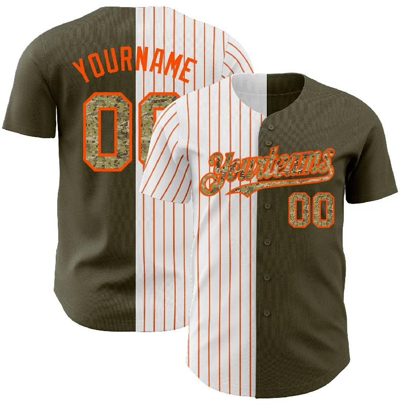 Custom Baseball Jerseys For Holiday Parties-Custom Olive Camo-Orange Pinstripe Authentic Split Fashion Salute To Service Baseball Jersey