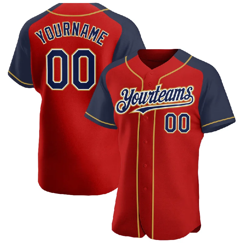 Baseball Jerseys With Personalized Fabric & Text-Custom Red Navy-Old Gold Authentic Raglan Sleeves Baseball Jersey