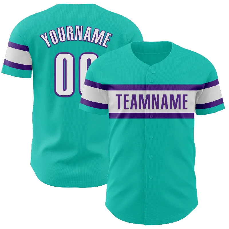 Baseball Jerseys With Custom Logo Placement-Custom Aqua White-Purple Authentic Baseball Jersey