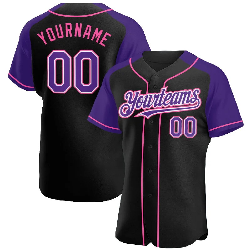 Personalized Baseball Jerseys For Birthday Parties-Custom Black Purple-Pink Authentic Raglan Sleeves Baseball Jersey