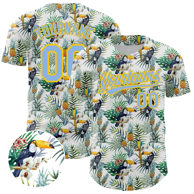 Personalized Baseball Jerseys For Summer Tournaments-Custom White Light Blue-Yellow 3D Pattern Design Animal Toucan And Tropical Hawaii Palm Leaves Authentic Baseball Jersey