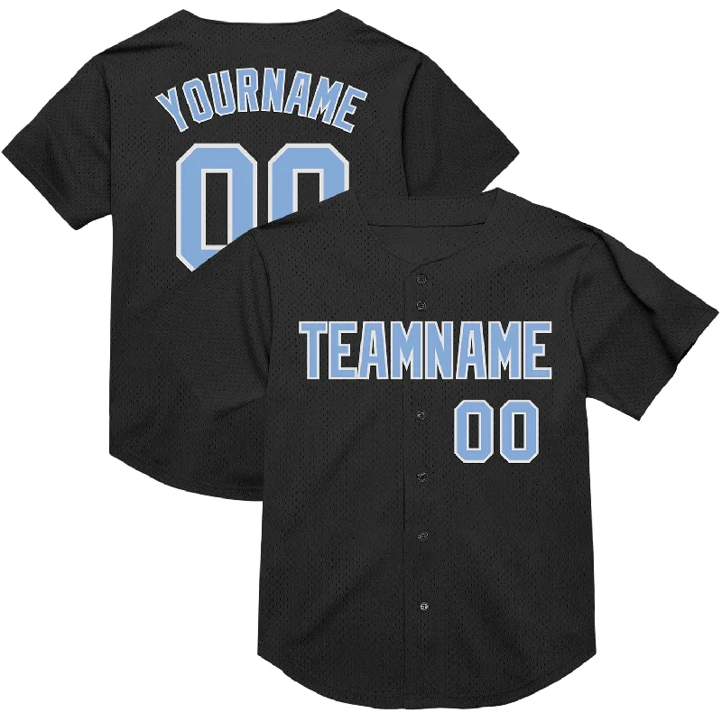 Baseball Jerseys With Personalized Embroidered Graphics-Custom Black Light Blue-White Mesh Authentic Throwback Baseball Jersey