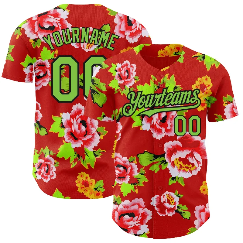 Personalized Baseball Jerseys For Corporate Events-Custom Red Neon Green-Black 3D Pattern Design Northeast China Big Flower Authentic Baseball Jersey