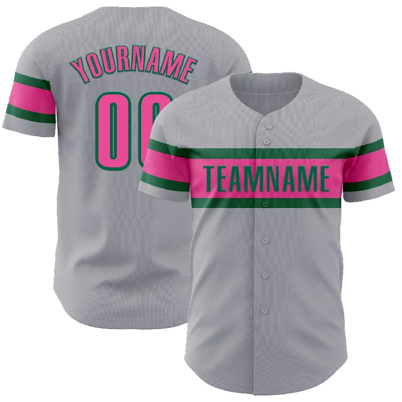 Personalized Baseball Jerseys For Local Fans-Custom Gray Pink-Kelly Green Authentic Baseball Jersey