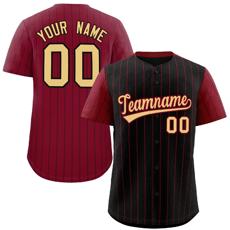 Baseball Jerseys With Custom Logos-Custom Black Crimson Pinstripe Personalized Raglan Sleeves Authentic Baseball Jersey