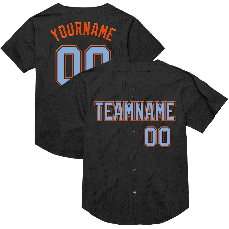 Personalized Baseball Jerseys For School Teams-Custom Black Light Blue-Orange Mesh Authentic Throwback Baseball Jersey