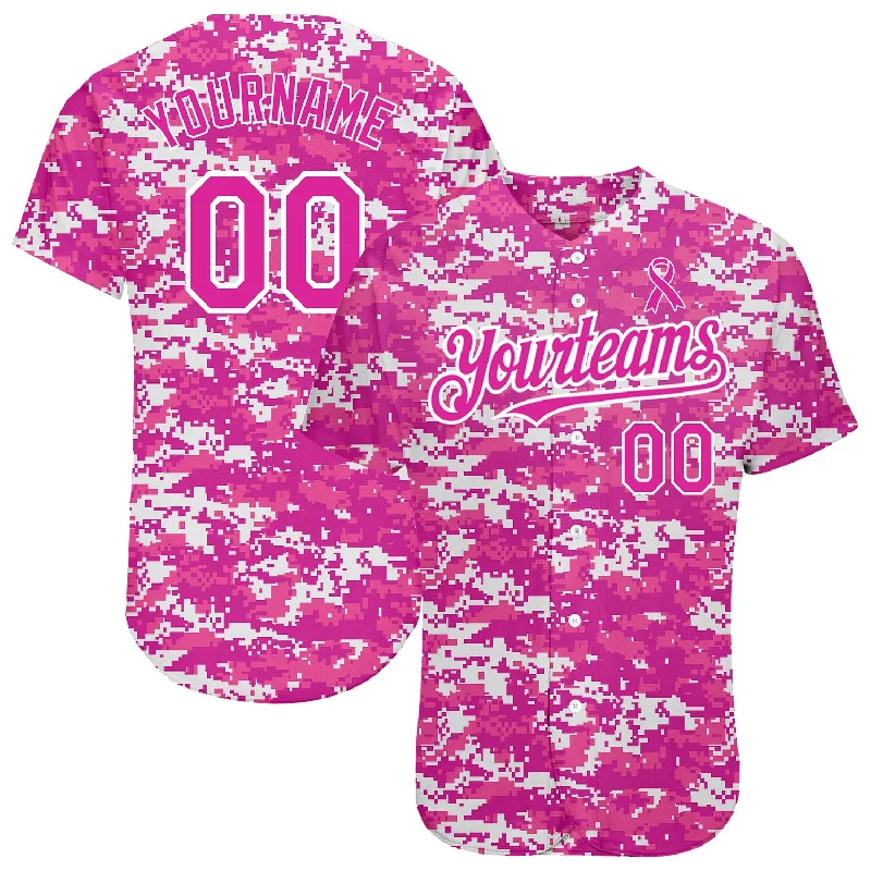 Custom Baseball Jerseys With Bold Graphics-Custom Camo Deep Pink-Black 3D Pink Ribbon Breast Cancer Awareness Month Women Health Care Support Authentic Baseball Jersey