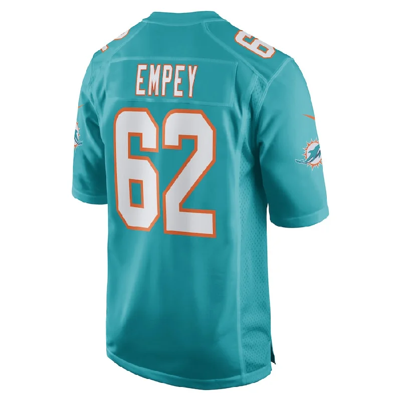 Rugby Jerseys With Custom Designs & Patterns-M.Dolphins #62 James Empey Aqua Game Player Jersey Stitched American Football Jerseys