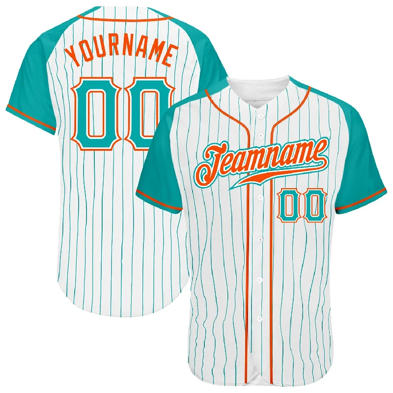 Custom Baseball Jerseys For Charity Events-Custom White Aqua Pinstripe Aqua-Orange Authentic Raglan Sleeves Baseball Jersey