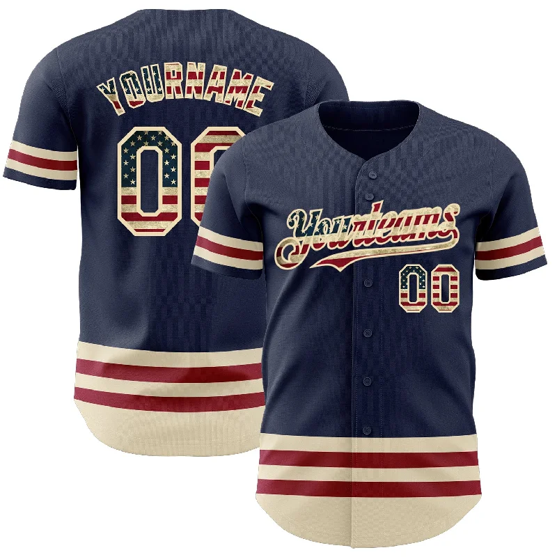 Customizable Baseball Jerseys-Custom Navy Vintage USA Flag Cream-Maroon Line Authentic Baseball Jersey